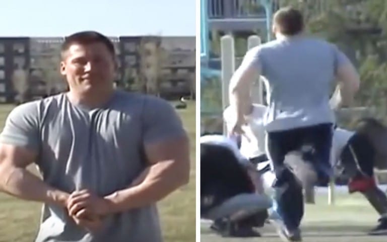 bodybuilder runs into a fight