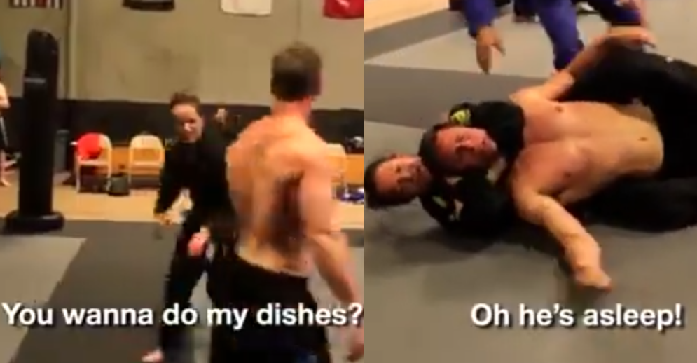 bodybuilder fights jiu jitsu girl and teacher