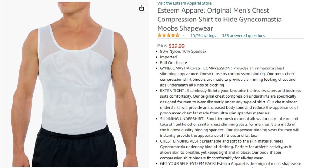 Esteem Apparel Original Men's Chest Compression Shirt to Hide Gynecomastia  Moobs