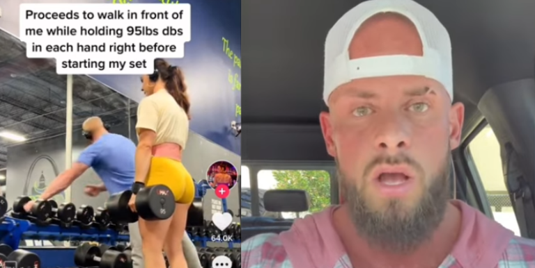 woman blocks dumbbell rack